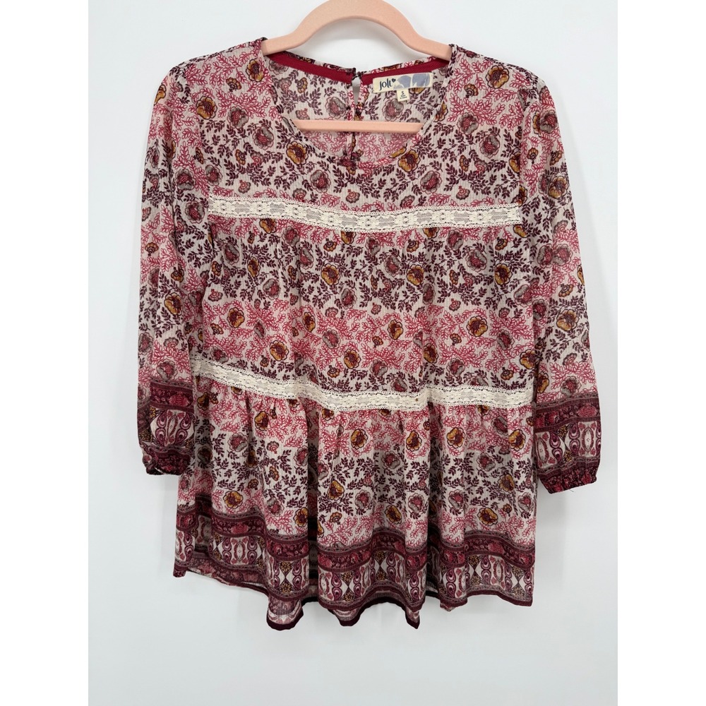 Jolt Babydoll Top Womens Small Red Floral Lace Trim‎ Boho Peplum Festival Fairy